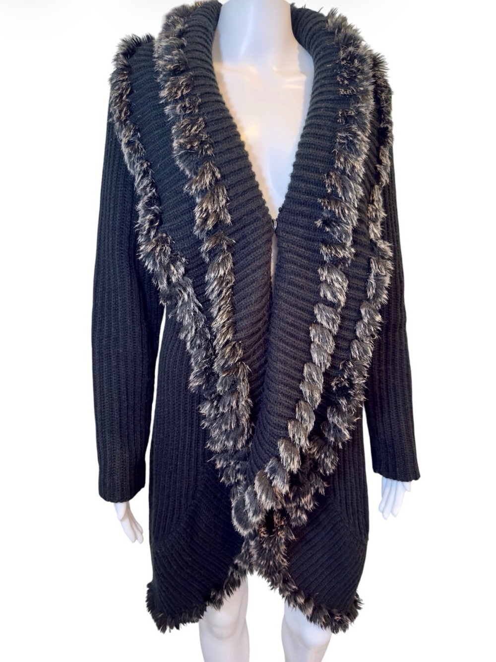 Vintage Lisa International Faux Fur Cardigan Sweater Black Longline Duster Small